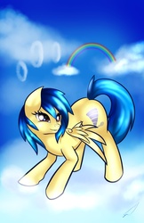 Size: 828x1280 | Tagged: safe, oc, oc only, oc:silvia windmane, pegasus, pony, cloud, rainbow, smiling, solo