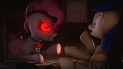 Size: 3840x2160 | Tagged: safe, artist:giz sh, pinkie pie, oc, pony, robot, robot pony, g4, 3d, animatronic, breaking the fourth wall, five nights at freddy's, glowing eyes, high res, red eyes, source filmmaker