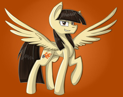 Size: 1024x805 | Tagged: safe, artist:despotshy, wild fire, pegasus, pony, g4, brown eyes, brown mane, female, raised hoof, solo, spread wings, wings