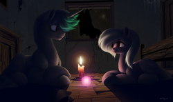 Size: 3081x1825 | Tagged: safe, artist:katputze, oc, oc only, oc:north light, oc:platinum chalice, fallout equestria, candle, crying, memory orb