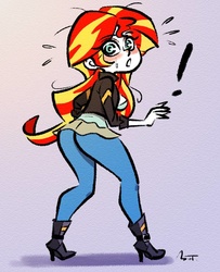 Size: 650x800 | Tagged: safe, artist:mojot, sunset shimmer, human, equestria girls, g4, ass, bunset shimmer, butt, clothes, daily sunset, exclamation point, female, humanized, leggings, looking at you, solo, surprised