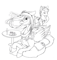 Size: 3460x3664 | Tagged: safe, artist:longinius, princess celestia, alicorn, earth pony, pony, g4, bedroom eyes, cake, cakelestia, cute, cutelestia, duo, female, food, fork, glasses, grayscale, high res, magic, mare, monochrome, pillow, prone, raised hoof, smiling, telekinesis