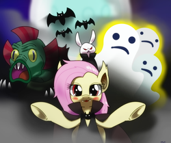 Size: 1560x1305 | Tagged: safe, artist:hoyeechun, angel bunny, fluttershy, harry, bat pony, ghost, pony, g4, scare master, clothes, flutterbat, flutterbat costume, harry the swamp monster