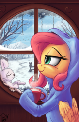 Size: 1300x2000 | Tagged: safe, artist:pirill, angel bunny, derpy hooves, fluttershy, pegasus, pony, g4, angelbetes, chocolate, clothes, comfy, cottagecore, cute, female, food, footed sleeper, hot chocolate, lidded eyes, mare, pajamas, shyabetes, snow, when you see it, window, winter