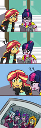 Size: 600x1849 | Tagged: safe, artist:kul, adagio dazzle, aria blaze, sci-twi, sonata dusk, sunset shimmer, twilight sparkle, equestria girls, g4, my little pony equestria girls: rainbow rocks, ><, album, alternate clothes, alternate hairstyle, canterlot high, clothes, comic, crystal prep academy uniform, device, disguise, eyes closed, female, glasses, goggles, laboratory, magic capture device, nerddagio, photo, question mark, school uniform, shaking, staircase, story included, the dazzlings, xk-class end-of-the-world scenario