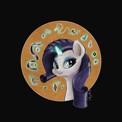 Size: 1536x1536 | Tagged: safe, artist:shydale, rarity, g4, black background, button, female, gem, magic, needle, out of frame, pincushion, portrait, ribbon, simple background, smiling, solo, string, telekinesis