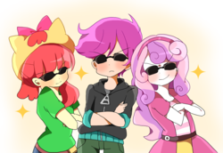 Size: 1023x704 | Tagged: safe, artist:lotte, apple bloom, scootaloo, sweetie belle, equestria girls, g4, :<, appleswag, badass, blushing, crossed arms, cute, cutie mark crusaders, frown, gradient background, humanized, smirk, sparkles, sunglasses, swag, swagaloo, swaggerbelle