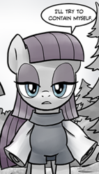 Size: 212x374 | Tagged: safe, artist:pencils, maud pie, earth pony, pony, comic:anon's pie adventure, g4, cropped, dialogue, female, mare, monochrome, open mouth, partial color, reaction image, solo, speech bubble