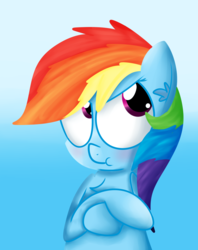 Size: 923x1166 | Tagged: safe, artist:mr-degration, rainbow dash, g4, blushing, crossed hooves, female, gradient background, solo, tsunderainbow
