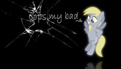 Size: 3000x1700 | Tagged: safe, artist:chaz1029, artist:nanolotl, derpy hooves, pegasus, pony, g4, broken glass, female, fourth wall destruction, hole, mare, quote, reflection, solo, vector, wallpaper