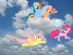 Size: 1024x768 | Tagged: safe, artist:afkrobot, artist:blindcavesalamander, artist:scritchy, artist:sux2suk59, fluttershy, pinkie pie, rainbow dash, scootaloo, g4, balloon, cloud, flying, irl, photo, pinkie being pinkie, pinkie physics, ponies in real life, then watch her balloons lift her up to the sky, vector