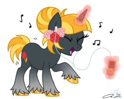Size: 1280x1024 | Tagged: safe, artist:iheartjapan789, oc, oc only, pony, unicorn, earbuds, eyes closed, female, flower, glowing horn, horn, ipod, levitation, magic, mare, music notes, open mouth, raised hoof, signature, simple background, solo, standing, telekinesis, transparent background, unshorn fetlocks
