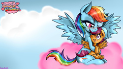 Size: 2880x1620 | Tagged: safe, artist:anibaruthecat, rainbow dash, scootaloo, pegasus, pony, comic:cuddle clouds, g4, blushing, cloud, female, filly, lesbian, mare, scootalove, ship:scootadash, shipping, underhoof, wallpaper