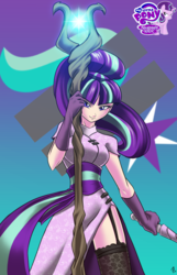 Size: 1030x1600 | Tagged: safe, artist:mauroz, starlight glimmer, human, g4, cheongsam, clothes, cutie mark background, equal cutie mark, female, humanized, looking at you, magic, my little pony logo, s5 starlight, smiling, solo, staff, staff of sameness, wand