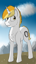 Size: 736x1309 | Tagged: safe, artist:corpselucefer, oc, oc only, oc:steel ghost, pony, unicorn, cloud, male, mountain, solo, stallion