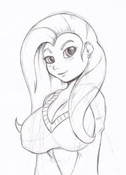 Size: 1241x1722 | Tagged: safe, artist:suirano, fluttershy, human, g4, big breasts, breasts, busty fluttershy, cleavage, clothes, female, humanized, monochrome, solo, sweater, sweatershy, traditional art