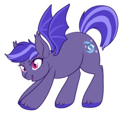 Size: 550x507 | Tagged: safe, artist:lulubell, oc, oc only, oc:night watch, bat pony, pony, chubby, simple background, solo, stretching, transparent background