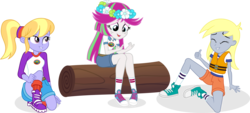 Size: 2514x1139 | Tagged: safe, artist:punzil504, blossomforth, cloudy kicks, derpy hooves, equestria girls, g4, my little pony equestria girls: legend of everfree, clothes, converse, equestria girls-ified, eyes closed, freckles, lifejacket, log, open mouth, shoes, shorts, simple background, sitting, sneakers, socks, thumbs up, transparent background