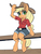 Size: 555x740 | Tagged: safe, artist:grissaecrim, applejack, earth pony, anthro, unguligrade anthro, g4, clothes, female, fence, shirt, shorts, sitting, solo