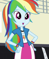Size: 367x446 | Tagged: safe, screencap, rainbow dash, equestria girls, g4, my little pony equestria girls: rainbow rocks, boots, clothes, collar, cute, female, gif, hand on hip, non-animated gif, shirt, shoes, skirt, socks, solo, t-shirt, teenager, wristband
