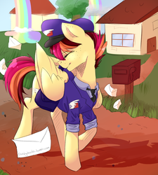 Size: 1280x1420 | Tagged: safe, artist:dustybooks, oc, oc only, oc:special delivery, clothes, hat, letter, mailbox, mailpony, saddle bag, solo, uniform