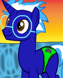 Size: 626x768 | Tagged: safe, oc, oc only, oc:blazin'blue, pony, unicorn, base used, clothes, glasses, graveyard of comments, sockpuppeting in the comments, solo, speedo, swimsuit