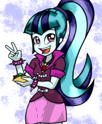 Size: 1024x1237 | Tagged: safe, artist:alligatorgummy, sonata dusk, equestria girls, g4, my little pony equestria girls: rainbow rocks, bracelet, clothes, credits, female, jewelry, open mouth, peace sign, ponytail, shine like rainbows, skirt, snack, solo, spiked wristband, taco