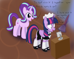 Size: 1000x800 | Tagged: safe, artist:mightyshockwave, starlight glimmer, twilight sparkle, alicorn, pony, every little thing she does, g4, bad end, cleaning, clothes, dialogue, duo, dusting, fiducia compellia, levitation, magic, maid, mind control, open mouth, reality ensues, recursion, shrunken pupils, smiling, socks, telekinesis, this will end in communism, twilight sparkle (alicorn)