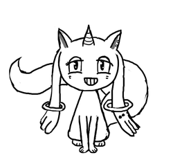 Size: 640x600 | Tagged: safe, artist:ficficponyfic, oc, oc only, oc:joyride, colt quest, contract, ear piercing, grin, horn, incubator (species), kyubey, lidded eyes, madoka, monochrome, piercing, puella magi madoka magica, pure unfiltered evil, smiling, solo, species swap, this will end in enslavement