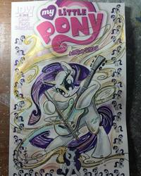 Size: 1080x1349 | Tagged: safe, artist:sara richard, idw, official comic, rarity, pony, unicorn, g4, micro-series #3, my little pony micro-series, bipedal, bow (instrument), comic cover, cover, cover art, female, guitar, horn, irl, mare, musical instrument, photo, solo, variant cover