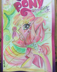 Size: 500x625 | Tagged: safe, artist:sara richard, pinkie pie, earth pony, pony, g4, bipedal, female, jem and the holograms, microphone, solo, traditional art