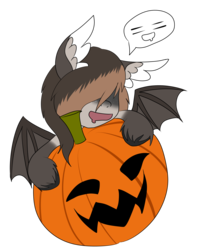 Size: 2448x3072 | Tagged: safe, artist:otpl, oc, oc only, oc:whimsy whisky, bat pony, pony, cute, drool, ear fluff, ear tufts, female, food, hair over eyes, halloween, happy, hidden eyes, high res, holiday, hug, jack-o-lantern, mare, ocbetes, open mouth, pictogram, pumpkin, simple background, smiling, solo, speech bubble, spread wings, transparent background, unshorn fetlocks, wings