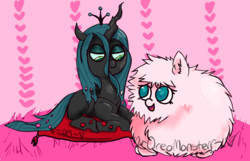 Size: 2133x1376 | Tagged: safe, artist:oreomonsterr, queen chrysalis, oc, oc:fluffle puff, g4, canon x oc, chibi, female, lesbian, mare, ship:chrysipuff, shipping