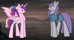 Size: 5040x2760 | Tagged: safe, artist:angellstarcake, maud pie, princess cadance, earth pony, pony, g4, alternate timeline, ashlands timeline, barren, height difference, implied genocide, long legs, post-apocalyptic, wasteland