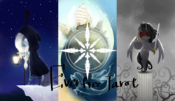 Size: 2894x1667 | Tagged: safe, artist:gashiboka, siren, zebra, column, justice, justitia, lady justice (goddess), preview, scales of justice, ship, sword, tarot, tarot card, the hermit, weapon