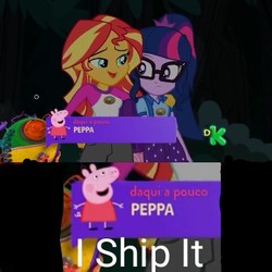 Size: 350x350 | Tagged: safe, edit, edited screencap, screencap, sci-twi, sunset shimmer, twilight sparkle, equestria girls, g4, my little pony equestria girls: legend of everfree, camp everfree outfits, female, i ship it, lesbian, peppa pig, peppa pig (character), ponytail, ship:sci-twishimmer, ship:sunsetsparkle, shipper on deck, shipping