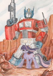 Size: 1632x2318 | Tagged: safe, artist:souleatersaku90, twilight sparkle, g4, crossover, optimus prime, traditional art, transformers