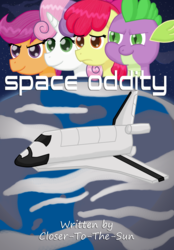 Size: 1500x2152 | Tagged: safe, artist:taco-bandit, apple bloom, scootaloo, spike, sweetie belle, g4, cutie mark crusaders, fanfic, fanfic art, space, space shuttle, spaceship