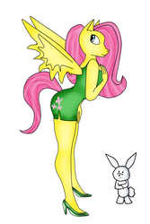 Size: 1793x2690 | Tagged: safe, artist:odiz, angel bunny, fluttershy, anthro, plantigrade anthro, g4, clothes, dress, high heels