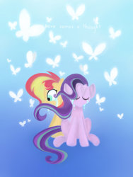 Size: 1024x1365 | Tagged: safe, artist:forestheart74, starlight glimmer, sunset shimmer, butterfly, pony, unicorn, g4, crossover, crying, duo, duo female, female, here comes a thought, mare, sad, steven universe