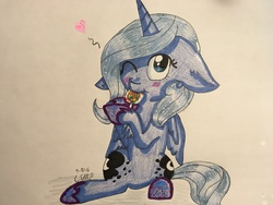 Size: 4032x3024 | Tagged: safe, artist:colorsoulmlp, princess luna, g4, blush sticker, blushing, both cutie marks, candy, female, filly, floppy ears, food, heart, lollipop, one eye closed, sitting, solo, traditional art, wink, woona, younger