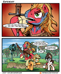 Size: 2697x3237 | Tagged: safe, artist:gray--day, applejack, big macintosh, writing desk, earth pony, pony, g4, braveheart, claymore, clipboard, comic, crossover, dialogue, fan, floppy ears, gritted teeth, high res, i can't believe it's not idw, male, speech bubble, stallion, sword, war paint, weapon, windswept mane
