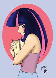 Size: 1024x1418 | Tagged: safe, artist:koku-chan, twilight sparkle, human, g4, blushing, book, clothes, cute, female, humanized, looking at you, shy, signature, simple background, solo, tank top, twiabetes
