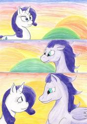 Size: 2288x3252 | Tagged: safe, artist:rukatenturanoiske, rarity, oc, oc:kydose, pegasus, pony, unicorn, g4, canon x oc, eye contact, loving gaze, shipping, sunset