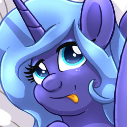 Size: 900x900 | Tagged: safe, artist:joakaha, princess luna, g4, close-up, cropped, female, s1 luna, solo, tongue out