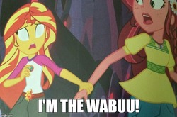 Size: 759x500 | Tagged: safe, edit, edited screencap, screencap, gloriosa daisy, sunset shimmer, equestria girls, g4, my little pony equestria girls: legend of everfree, dingo pictures, legend of everfree – save our camp, legend of pocahontas, phelous, wabuu