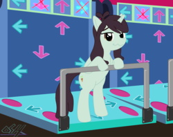 Size: 2439x1936 | Tagged: safe, artist:oshitsukiryuu, sprout greenhoof, pony, unicorn, g4, viva las pegasus, bipedal, dance dance revolution, female, horn, las pegasus resident, mare, rhythm game, solo, wavy mouth