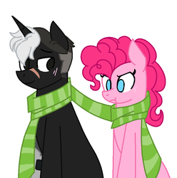 Size: 778x784 | Tagged: safe, artist:tristannoor10, pinkie pie, g4, amputee, blushing, clothes, crossover, crossover shipping, ponified, prosthetic limb, prosthetics, scar, scarf, shared clothing, shared scarf, shipping, takashi shirogane, voltron, voltron legendary defender