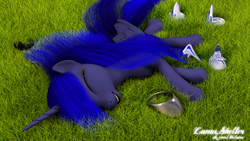 Size: 1920x1080 | Tagged: safe, artist:thelunagames, princess luna, g4, 3d, cinema4d, eyes closed, female, grass, on side, open mouth, sai, solo