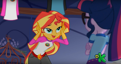 Size: 1230x652 | Tagged: safe, screencap, sci-twi, sunset shimmer, twilight sparkle, equestria girls, g4, my little pony equestria girls: legend of everfree, discovery kids